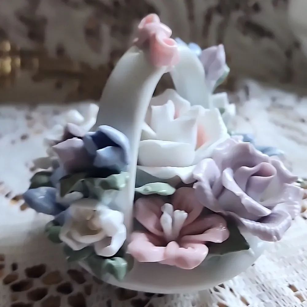 Vtg Lovely Detailed Porcelain Glossy Glazed Floral Basket Intricately Detailed